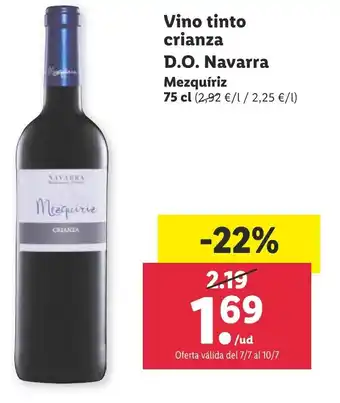 Lidl Vino tinto crianza D.O.Navarra Mezquíriz 75 cl oferta
