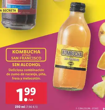 Lidl Kombucha Estilo San Francisco Sin Alcohol Deliciosa combinacación de zumo de naranja, piña,.fresa y melocotón 250ml oferta