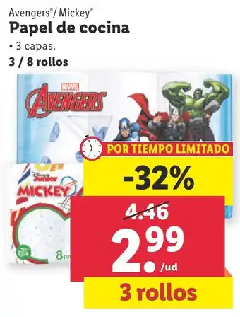 Lidl Papel de cocina Avengers/Mickey 3/8 rollos oferta