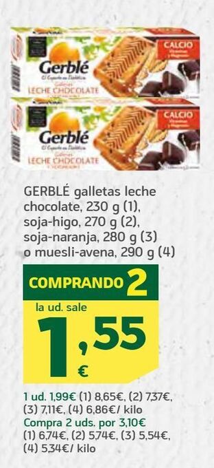 HiperDino Gerblé galletas leche chocolate, soja-higo, soja -naranja o muesli-avena oferta