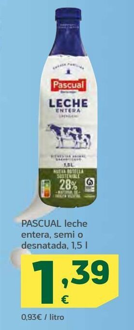 HiperDino Pascual leche entera, semi o desnatada oferta