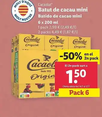 Lidl -50% En La 2a U Cacaolat Batido De Cacao Mini oferta