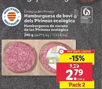 Lidl Ecològica Dels Pirineus Hamburguesa De Vacuno De Los Pirineos Ecológica oferta