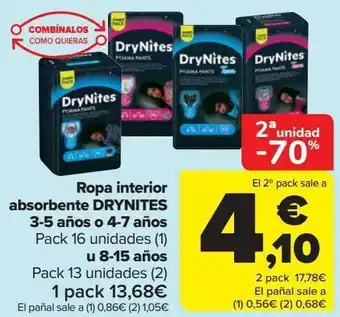 Carrefour Ropa interior absorbente drynites 3-5 años o 4-7 añosu 8-15 años oferta