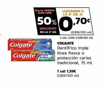 Supermercados Lupa 50% Descuento En La 2a Ud Colgate Dentífrico Triple Línea Fresca O Protección Caries Tradicional oferta