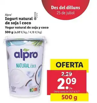 Lidl Alpro Yogur Natural De Soja Y Coco oferta