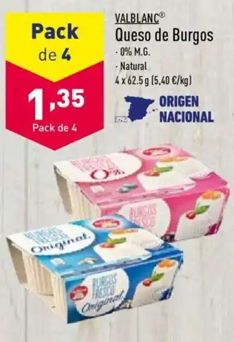 ALDI Valblanc Queso de Burgos 0% M.G. Natural 4 x 62,5 g Pack de 4 oferta