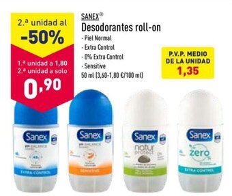 ALDI Sanex Desodorantes roll-on Piel Normal Extra Control 50ml oferta