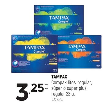 Coviran Tampax Compak lites, regular, súper o súper plus regular 22 u oferta