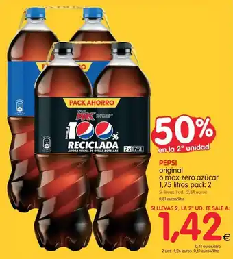 Alimerka Pepsi Original o max zero azúcar 1,75 litros pack 2 oferta