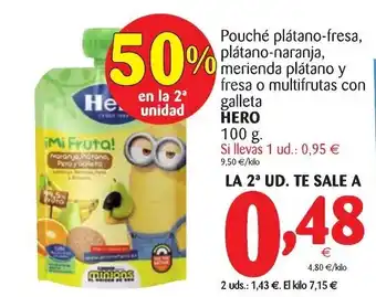 Alimerka Hero Pouché plátino-fresa, plátano-naranja, merienda plátano y fresa o multifrutas con galleta 100g oferta