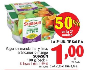 Alimerka Sojasun Yogur de mandarina y lima, arándanos o mango 100g. pack 4 oferta