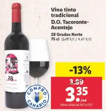 Lidl 28 Grados Norte Vino Tinto Tradicional D.O. Tacoronte - Acentejo 75 cl oferta