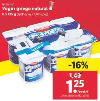 Lidl Milbona® Yogur Griego Natural 6 x 125 g oferta