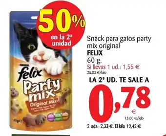 Alimerka Purina Felix Snack para gatos party mix original 60g oferta