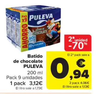 Carrefour Puleva Batido de chocolate 200 ml Pack 9 unidades oferta