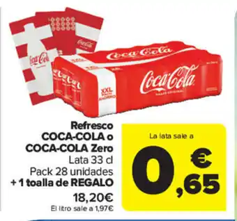 Carrefour Coca-Cola o Coca-Cola Zero Refresco Lata 33 cl Pack 28 unidades + 1 toalla de Regalo oferta