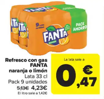 Carrefour Fanta Refresco con gas naranja o limón Lata 33 cl Pack 9 unidades oferta