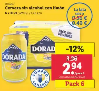 Lidl Dorada Cerveza sin alcohol con limón 6 x 33 cl Pack 6 oferta