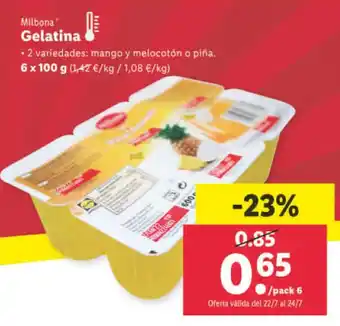 Lidl Milbona Gelatina mango y melocotón o piña 6 x 100 g oferta