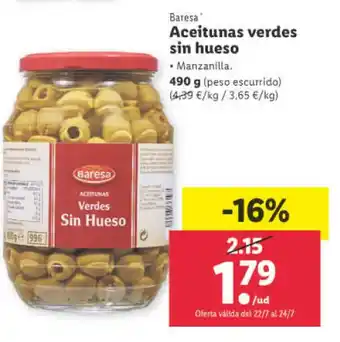Lidl Baresa Aceitunas verdes sin hueso Manzanilla 490 g oferta
