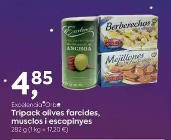Suma Supermercados Excelencia-Orbe Tripack Olives Farcides, Musclos I Escopinyes oferta