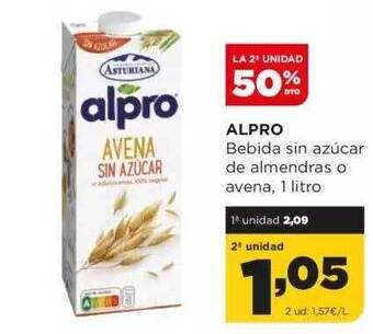 Alimerka La 2a unidad 50% dto alpro bebida sin azúcar de almendras o avena oferta