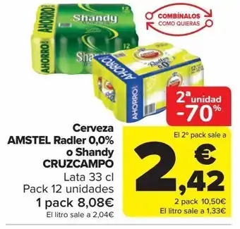 Carrefour Cerveza amstel radler 0,0% o shandy cruzcampo oferta