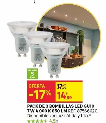 Leroy Merlin Pack de 3 bombillas led gu10 oferta