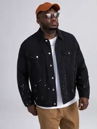 Extended sizes hombres cazadora mezclilla con estampado de dibujo con bolsillo con solapa
