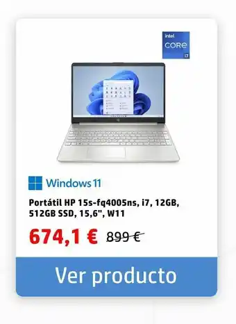 HP Portátil hp 15s-fq4005ns, i7, 12gb, 512gb ssd, 15,6", w11 oferta