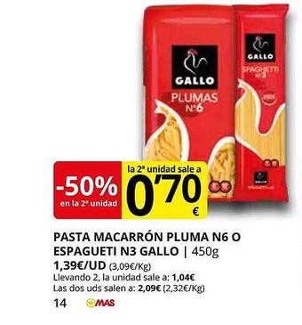 Supermercados MAS Pasta macarron pluma n6 o espagueti n3 gallo oferta