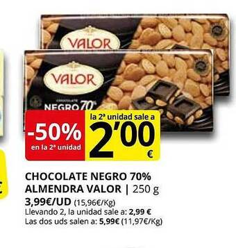 Supermercados MAS Chocolate negro 70% almendra valor oferta
