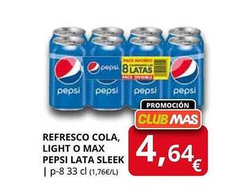 Supermercados MAS Refresco cola, light o max pepsi lata sleek oferta