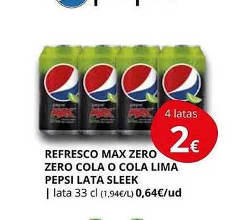 Supermercados MAS Refresco max zero zero cola o cola lima pepsi lata sleek oferta