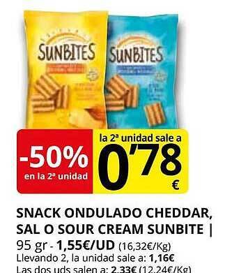 Supermercados MAS Snack ondulado cheddar, sal o sour cream sunbite oferta
