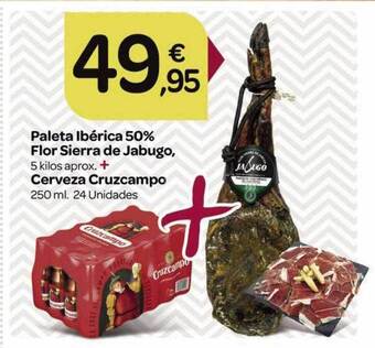 Supermercados El Jamón Paleta ibérica 50% flor sierra de jabugo, cerveza cruzcampo oferta