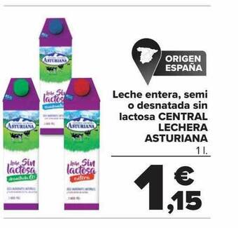 Carrefour Leche entera, semi o desnatada sin lactosa central lechera asturiana oferta