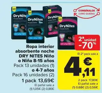 Carrefour 2a unidad -70% ropa interior absorbente noche dry nites niño o niña 8-15 años o 4-7 años oferta