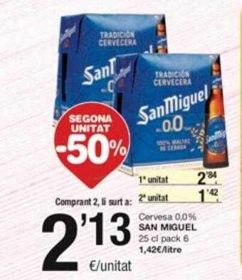 SPAR Fragadis Segona unitat -50% cervesa 0.0% san miguel oferta