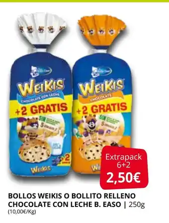 Supermercados MAS Bollos wikis o bollito relleno chocolate con leche B. Easo oferta