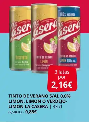 Supermercados MAS Tinto de verano s/al 0,0% limon, limon o verdejolimon la casera oferta