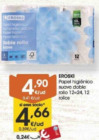 Eroski Eroski Papel Higiénico Suave Doble Rollo 12=24 12 Rollos oferta