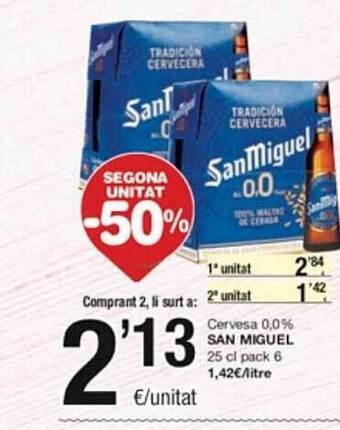 SPAR Segona unitat -50% cervesa 0.0% san miguel oferta