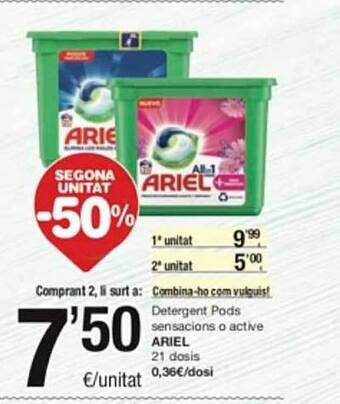 SPAR Segona unitat -50% detergent pods sensacions o active ariel oferta