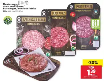Lidl Hamburguesa de vacuno Pirineos Black Angus/Con cerdo ibérico 180g oferta