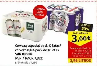 Maskom Supermercados Cerveza especial pac 12 latas o cerveza 0.0% pack de 12 latas san miguel oferta