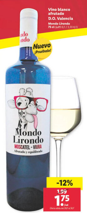 Lidl Vino Blanco afrutado D.O Valencia oferta
