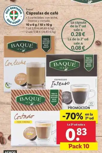 Lidl Baqué Cápsulas de café 10x6g / 10x10g oferta