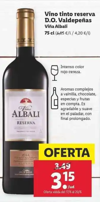 Lidl Viña Albali Vino tinto reserva D.O.P. Valdepeñas 75l oferta